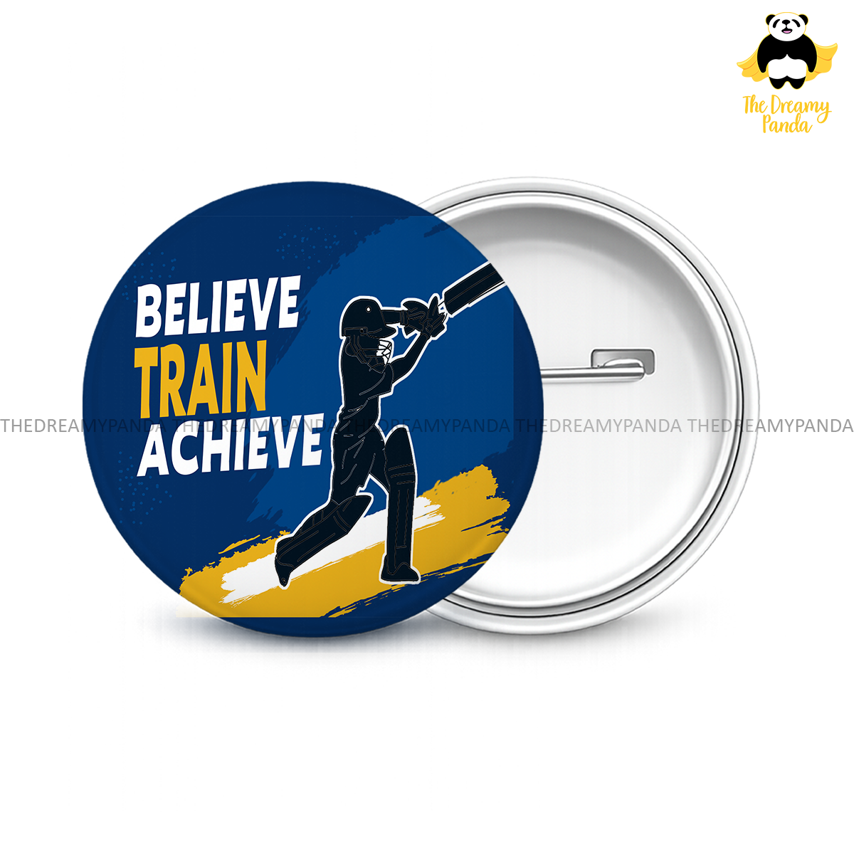Believe Train Achieve - Cricket - Round Button Badge - The Dreamy Panda