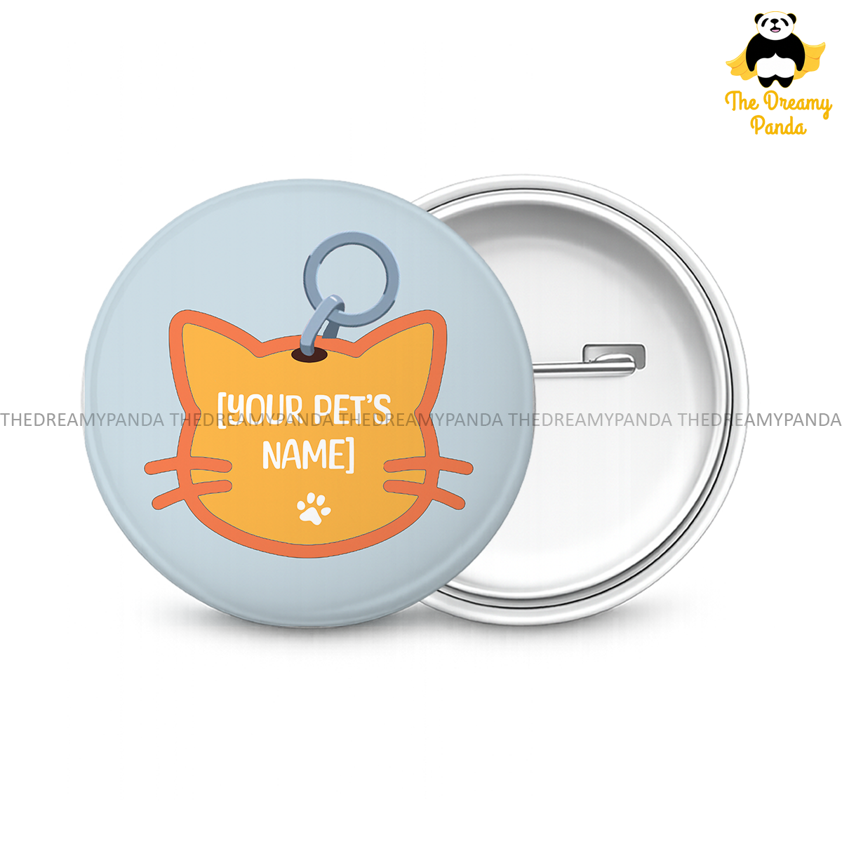 Customise your Cat's Name - Custom Name Tag- Round Button Badge - The Dreamy Panda