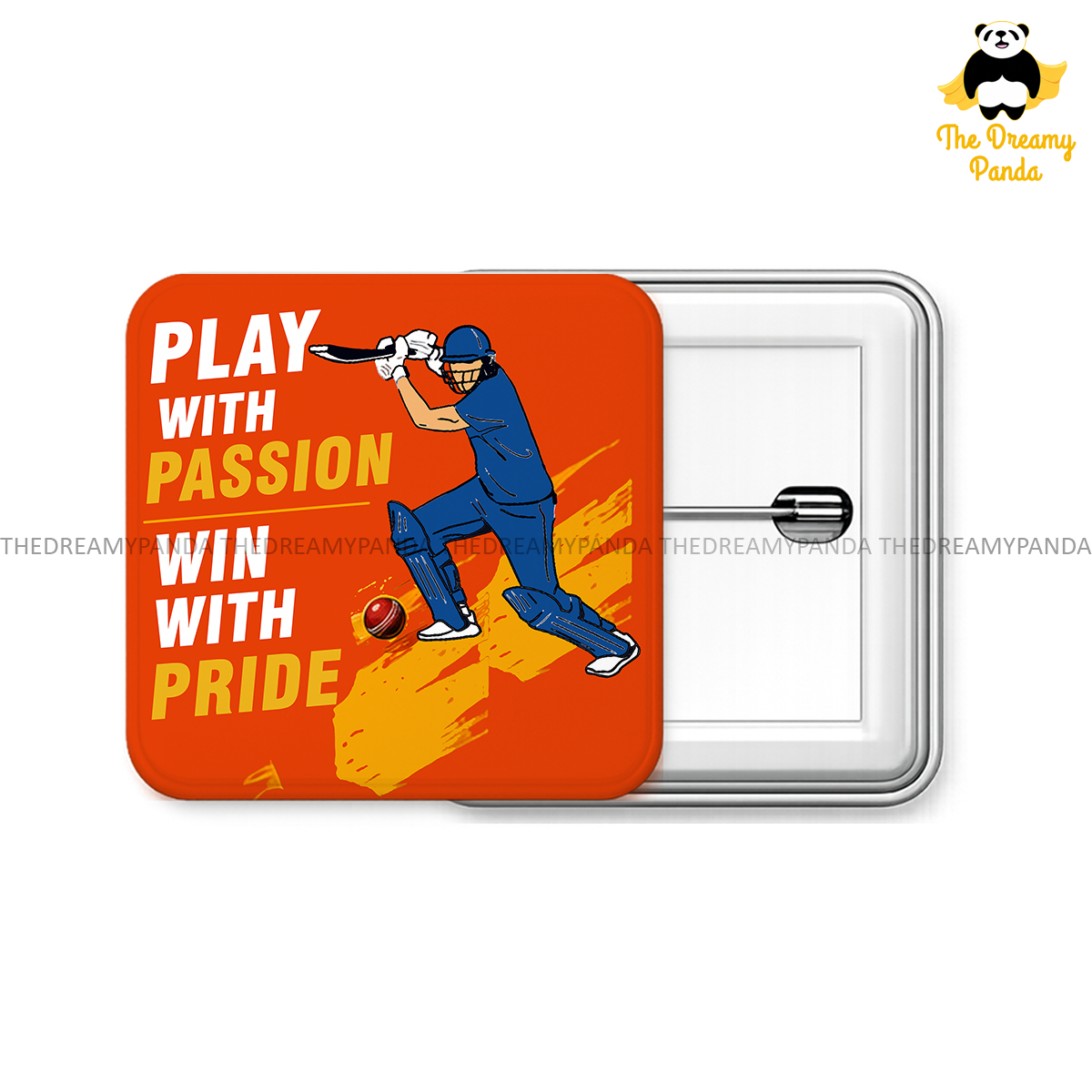 Play with Passion Win with Pride - Cricket - 50mm Square Badges - The Dreamy Panda